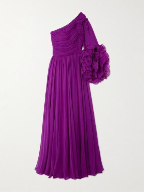 Aziza One-sleeve Ruffled Gathered Silk-georgette Gown