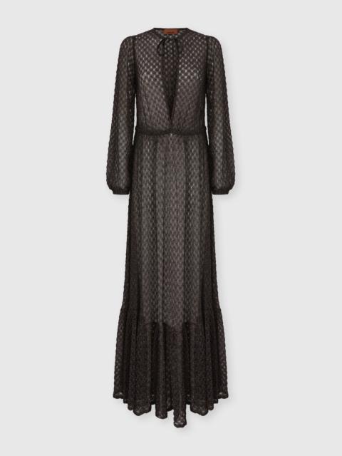 Long cover-up dress in lamé viscose with spiderweb motif and flounces