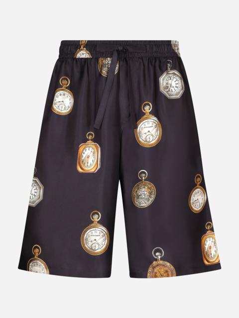 Watch-print silk jogging shorts