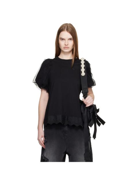 Black Tulle Overlay Puff Sleeve Lace Trim T-shirt