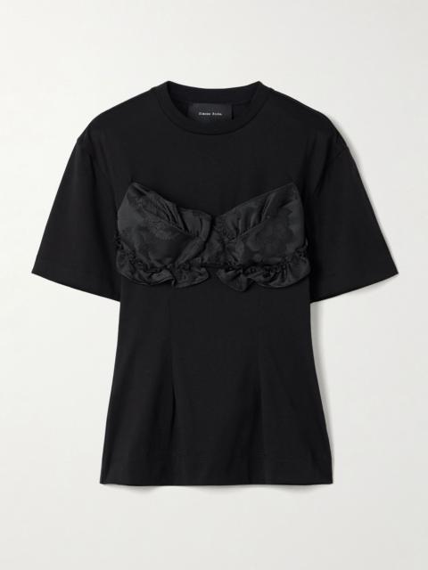 Appliquéd satin jacquard-trimmed cotton-jersey T-shirt Black