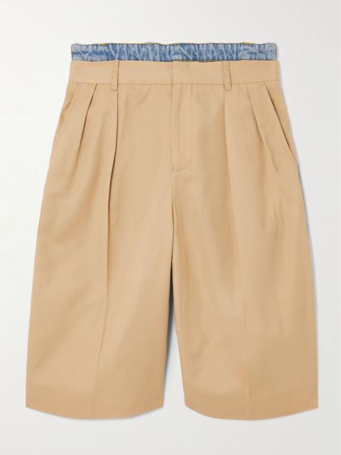 Denibermuda pleated cotton-gabardine and denim shorts Camel