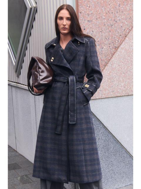 Brushed Wool Check & Pu Trim Belted Tailored Double Breasted Midi Coat