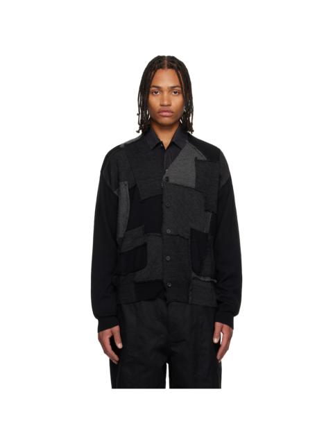 Black Worsted Wool Jersey Patchwork Cardigan