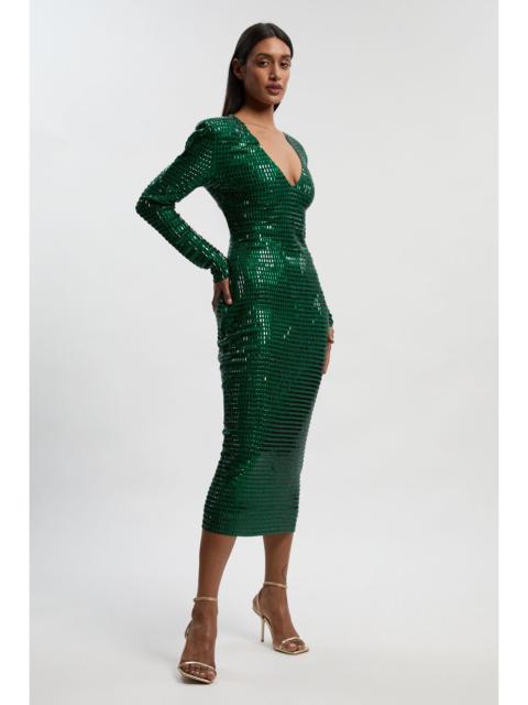 Premium Crystal Embellished Long Sleeve Plunge Neck Midi Dress