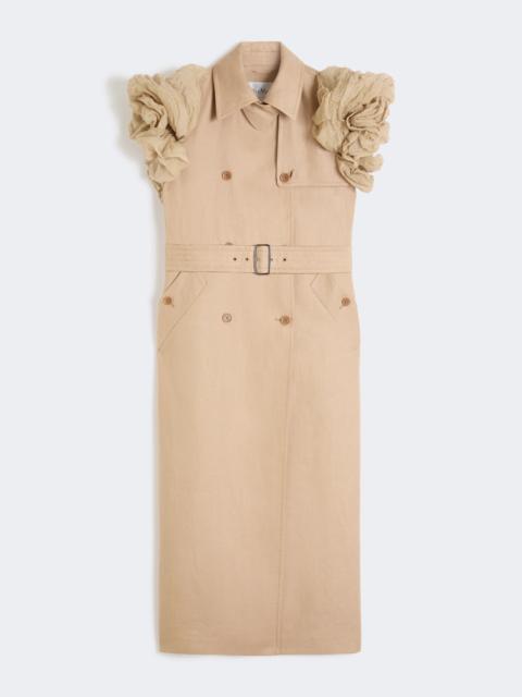 Sleeveless duster coat in linen basketweave with ruffles - CAMEL