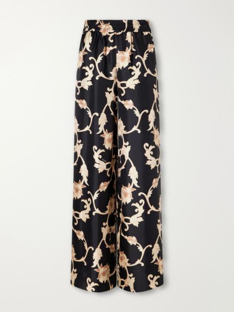 Palazzo floral-print silk-twill wide-leg pants Black