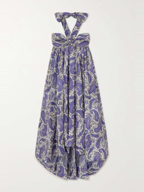 Devi pleated printed silk halterneck midi dress