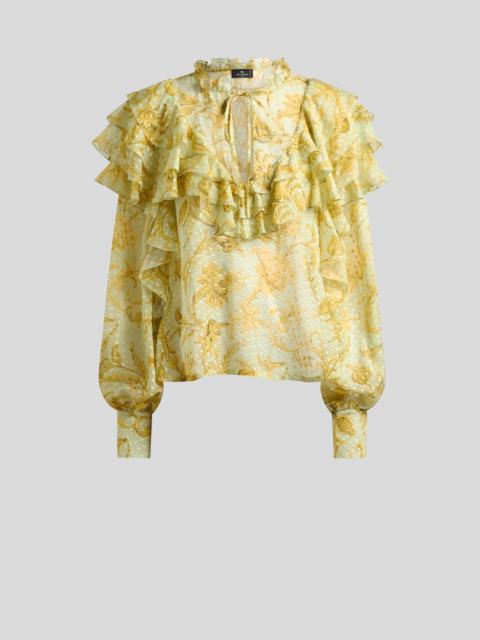 SILK DOTTED SWISS BLOUSE WITH FLOUNCES AND FLORAL MOTIF