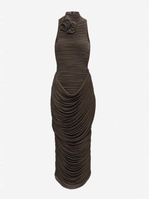 High-neck draped midi dress in brown