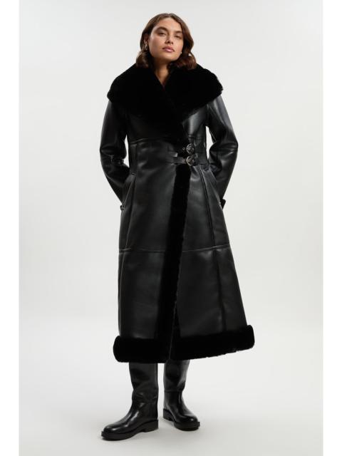 Faux Shearling Oversize Collar Buckle Midi Coat