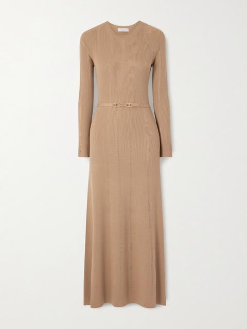 Imagene Belted Ribbed Pointelle-knit Wool Midi Dress