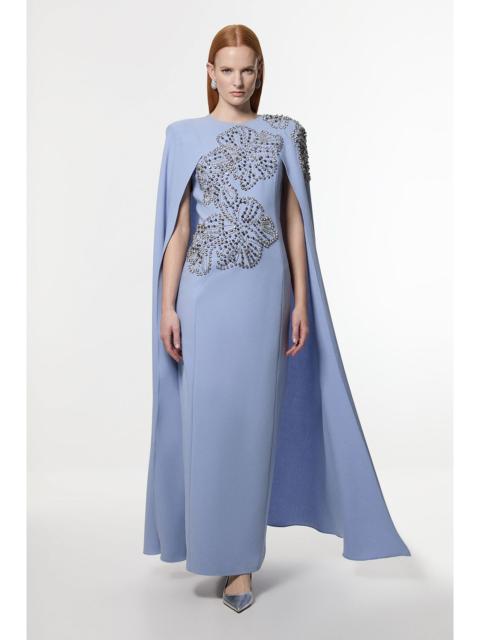 Placed Floral Crystal Embellished Tailored Drama Cape Maxi Dress