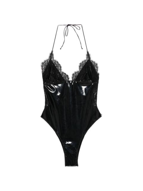 Latex lace-trim swimsuit