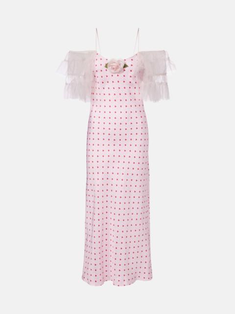 Floral-appliqué printed silk slip dress