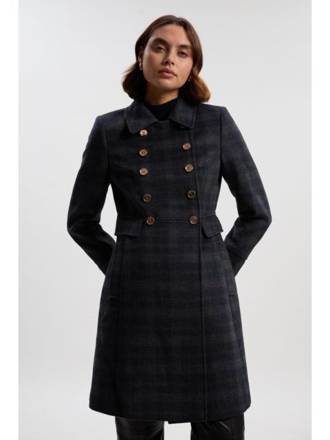 Wool Button Front Check Double Breasted Tailored Princess Coat