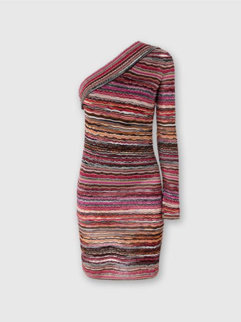 One-shoulder mini-dress in lamé embossed viscose with wave motif