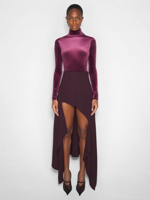 burgundy asymmetric cascading skirt