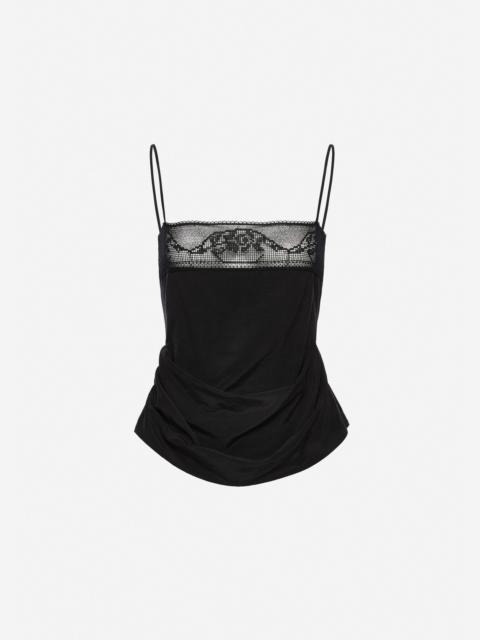 Draped silk lace-trim top in black