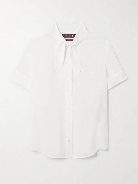 Embroidered Pussy-bow Silk Shirt