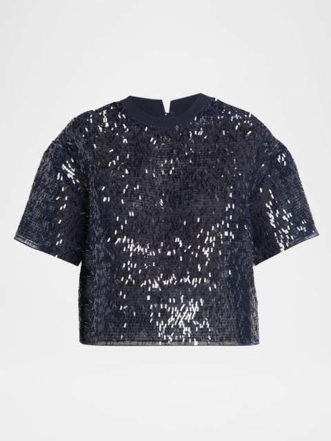 Paillette Fringe Crispy Silk Chiffon T-Shirt