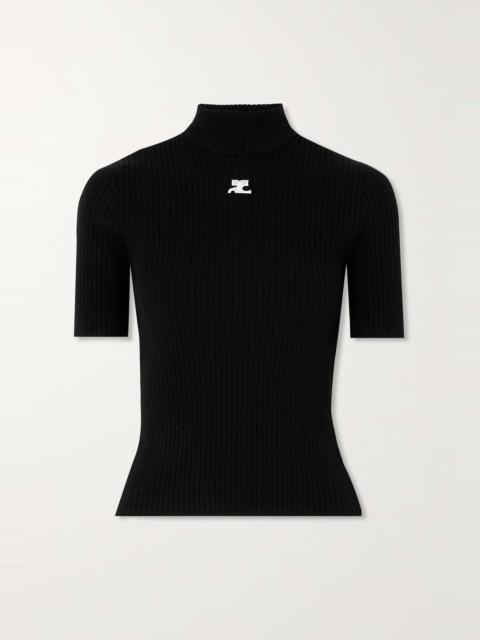 Embroidered ribbed-knit top