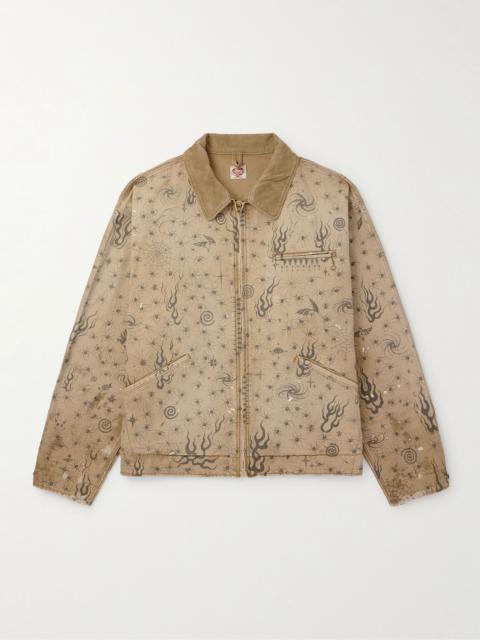+ Dr. Woo Corduroy-Trimmed Distressed Printed Cotton-Canvas Jacket Beige