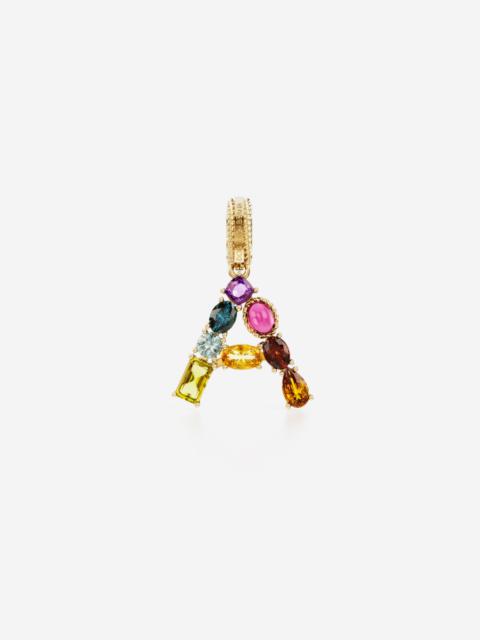 Rainbow alphabet A 18 kt yellow gold charm with multicolor fine gems