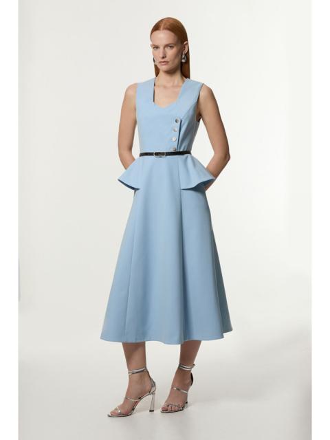 Compact Stretch Belted Peplum Detail Full Skirted Midi Dress