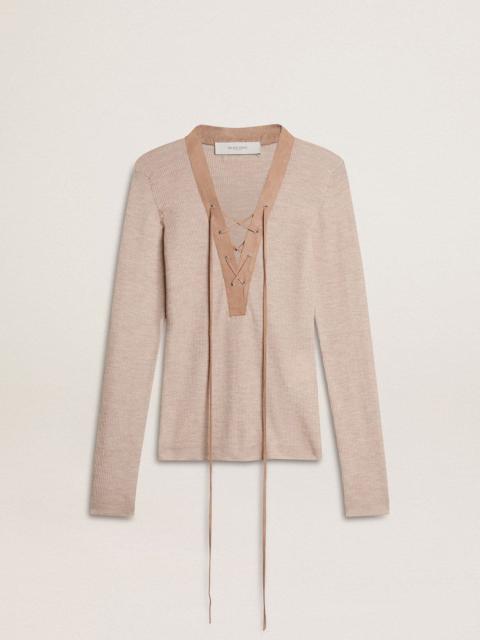 Beige wool sweater with leather details