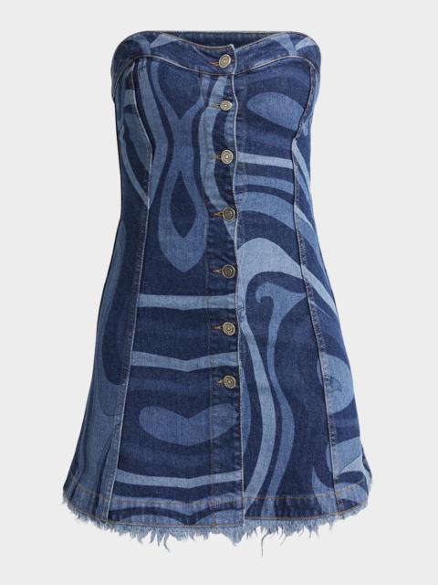 Strapless Marmo-Print Denim Button-Front Mini Dress
