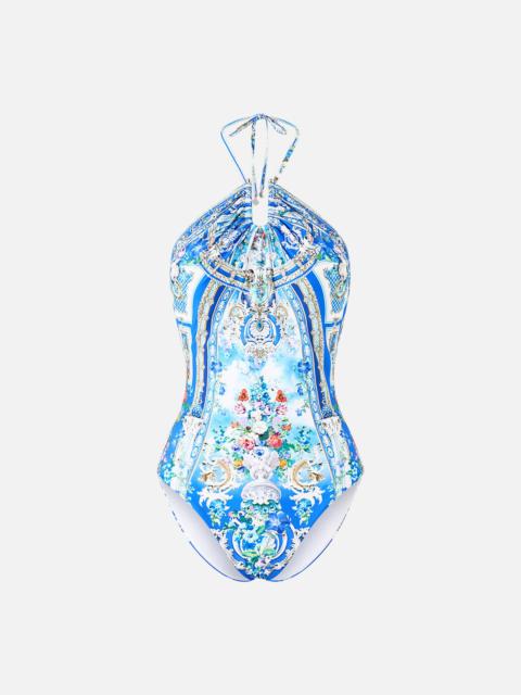 DIAMOND NECK HALTER ONE PIECE WITH U RING FRONT