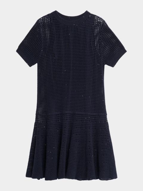Pailette Open Knit Drop-Waist Short-Sleeve Mini Dress