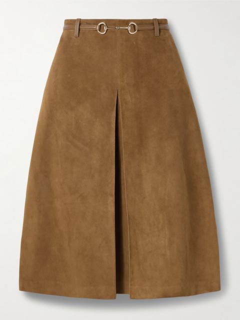 Horsebit-detailed leather-trimmed pleated suede midi skirt Brown
