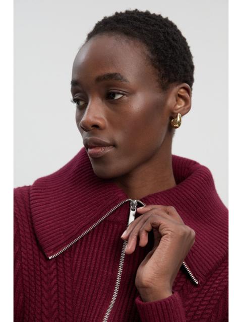 Cable Knit Balloon Sleeve Peplum Zip Through Cardigan