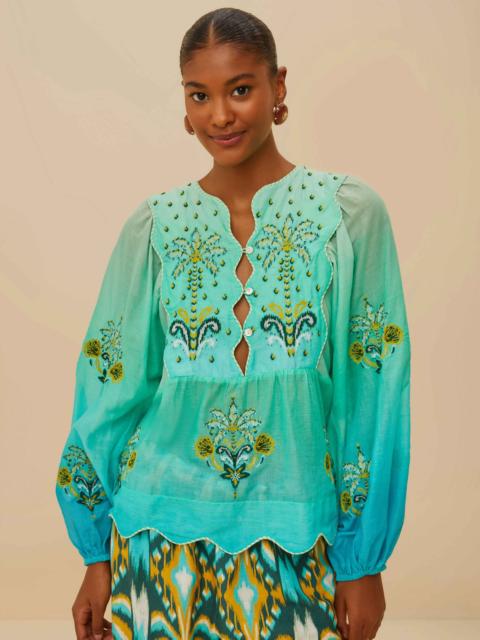 Turquoise Palm Tree Tapestry Blue Wavy Yoke Blouse