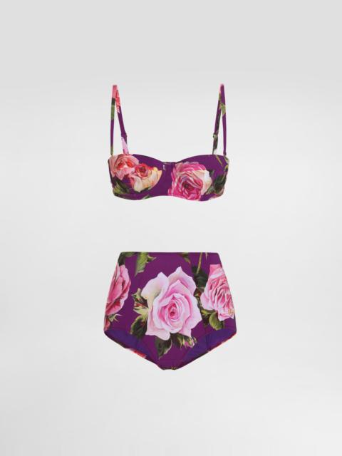 Rose-print balconette bikini top and high-waisted bottoms