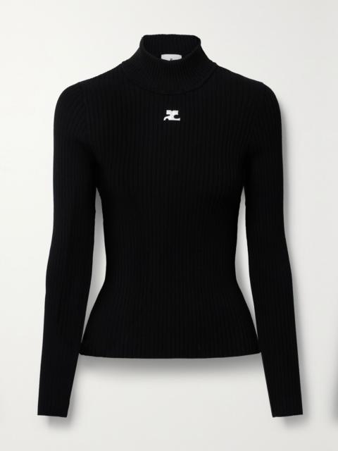 Reedition embroidered ribbed-knit turtleneck sweater Black
