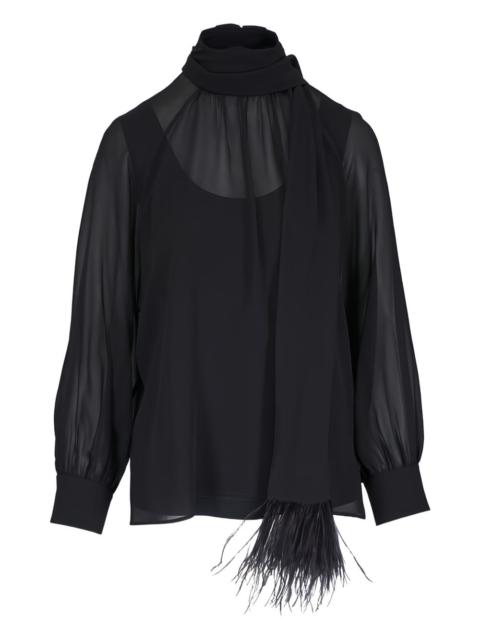 feather-trim pussy-bow blouse