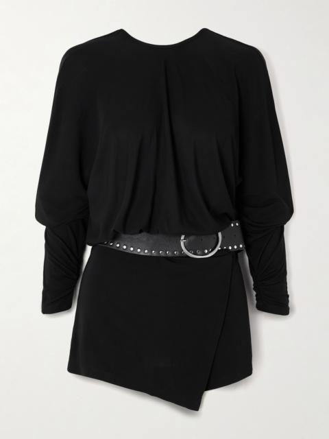 Belted open-back jersey mini dress Black