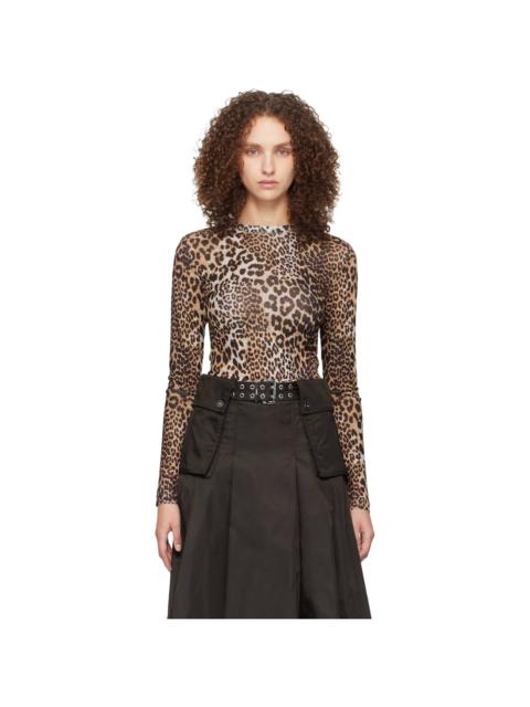 Brown & Black Leopard Printed Mesh Long Sleeve T-shirt