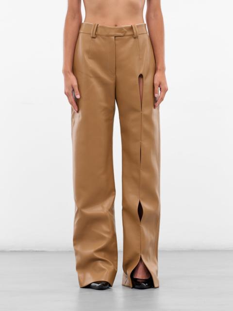Beige Vegan Leather Cut-Out Trousers