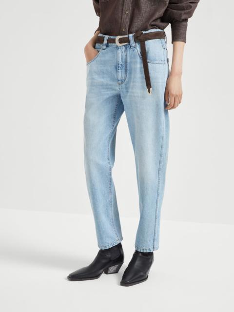Authentic denim straight trousers with shiny bartack