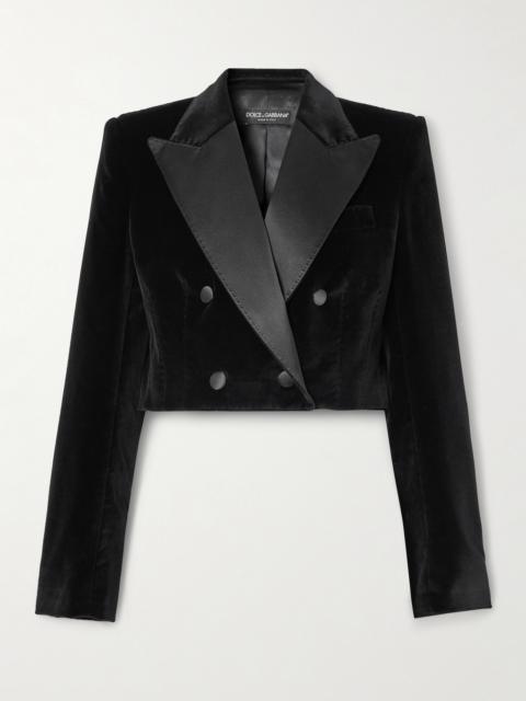 Cropped Double-breasted Satin-trimmed Velvet Blazer