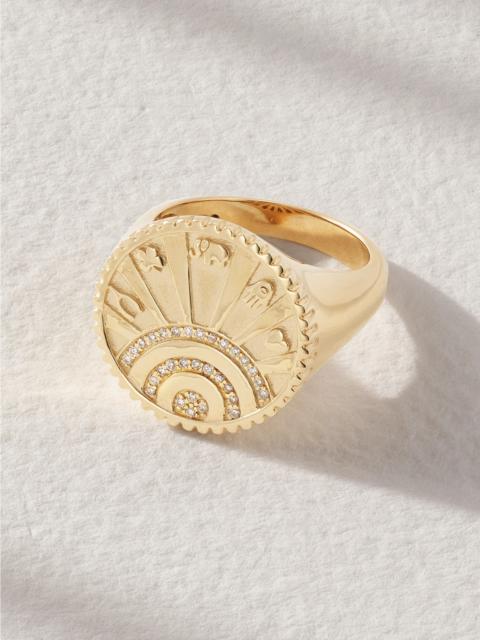 Small Luck Coin 14-karat Gold Diamond Signet Ring