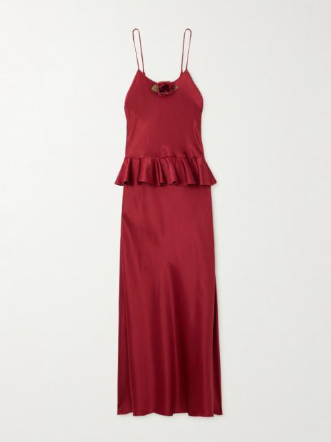 Ruffled Appliquéd Silk-satin Midi Dress