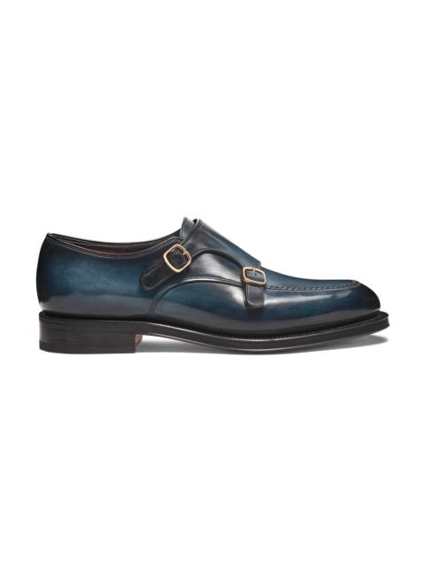 Men's blue leather double-buckle shoe