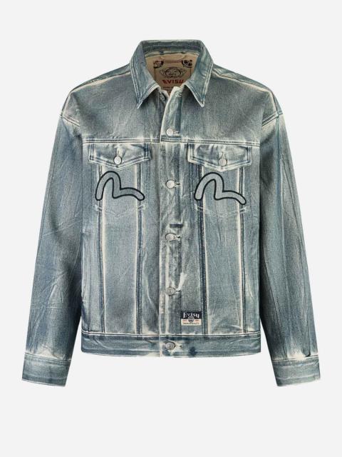 KAMON AND SEAGULL APPLIQUÉ WITH RUBBING PRINT FASHION FIT DENIM JACKET