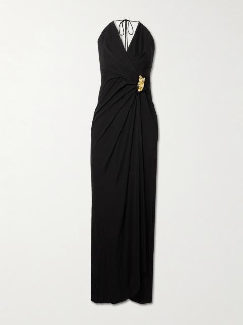Zaley Draped Embellished Jersey Halterneck Maxi Dress