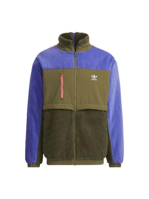 Men's adidas originals High Collar Colorblock Splicing Zipper logo Sports Jacket Dark Olive Green HE